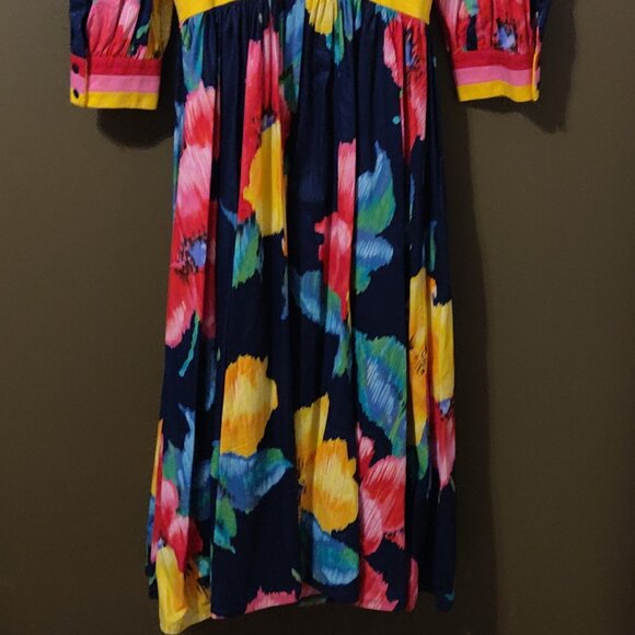 Vintage 1980's Leslie Lucks Floral Midi Navy Blue Dress SIZE 12 - Picture 5 of 9